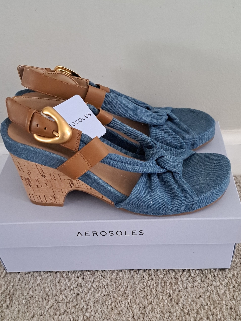 AEROSOLES Denim Knot Cork Heel Sandals in Blue and Tan with Gold Buckle. NWT